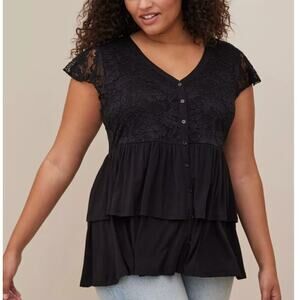 Torrid Super Soft V-Neck Lace Bodice Tiered Babydoll Top Size 0